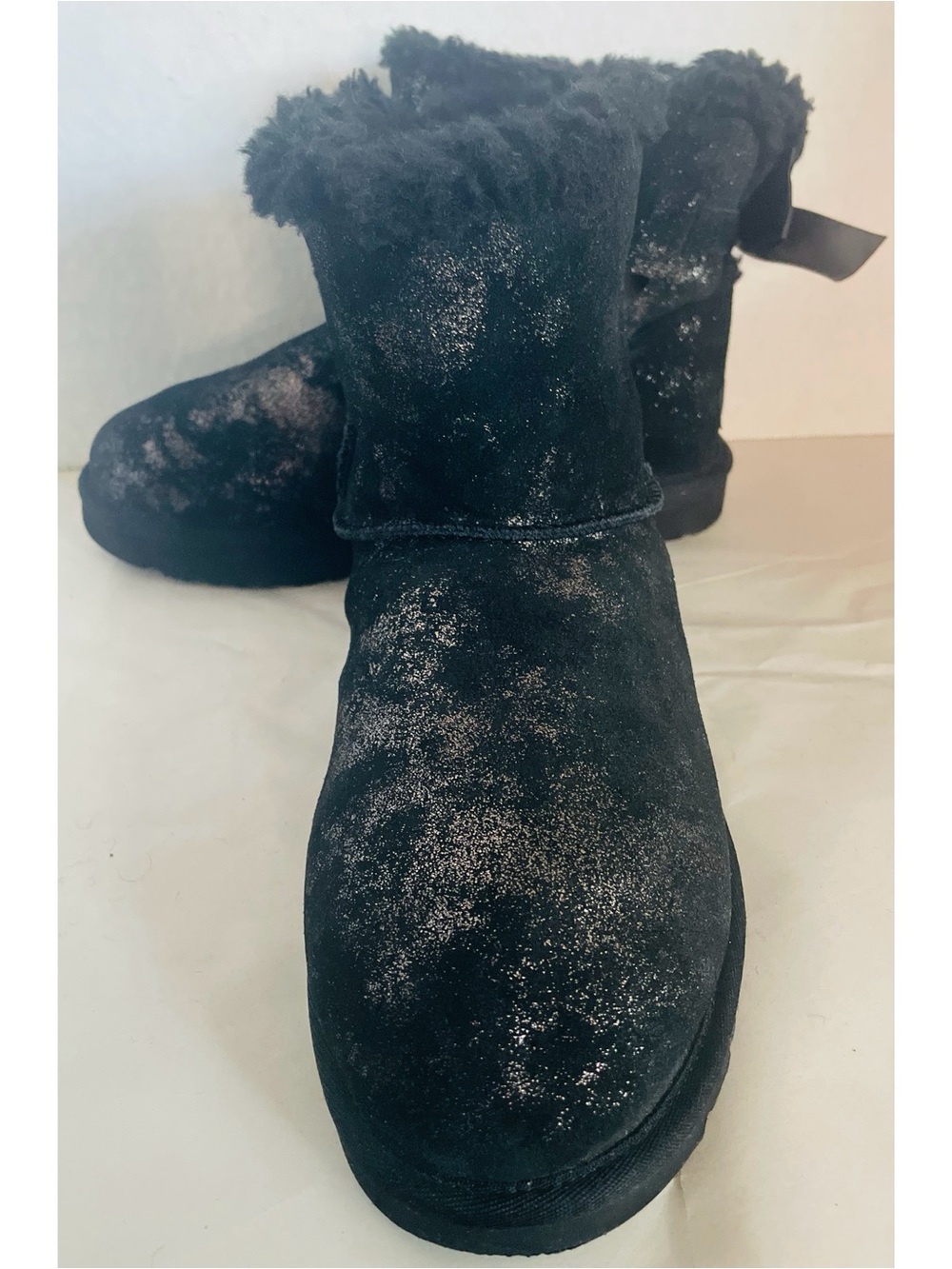 UGG Mini Bailey Bow Glimmer Faux Fur Lined Boot Black Size 10